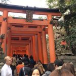 Crowds walking through the red gates of Fushimi Inari Shrine