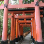 many red torii at small shrine at Fushimi Inari Shrine