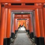 many red torii at small shrine at Fushimi Inari Shrine